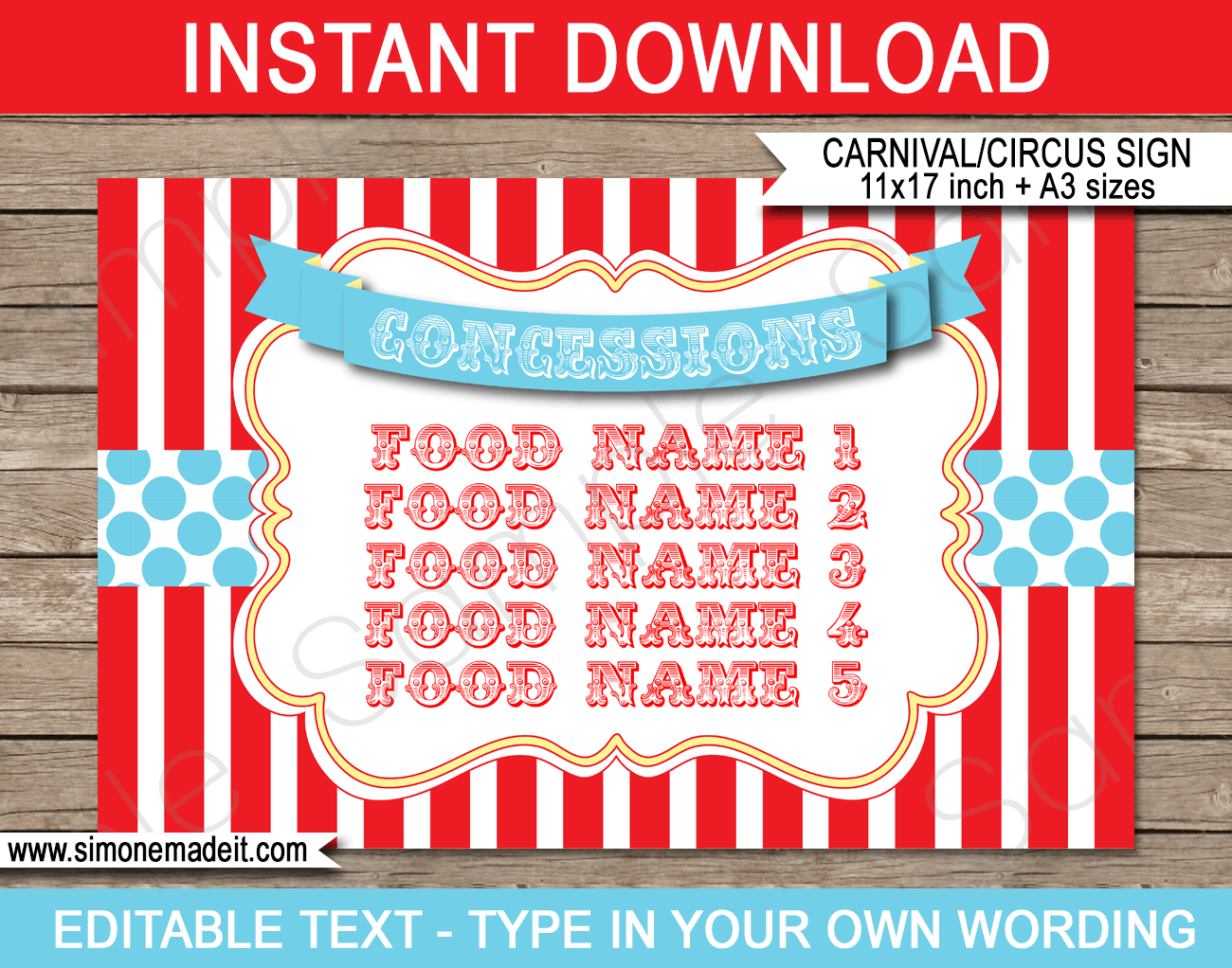 Carnival Concessions Sign - 11X17 Inch + A3 - Red/Aqua inside Free Concessions Printable