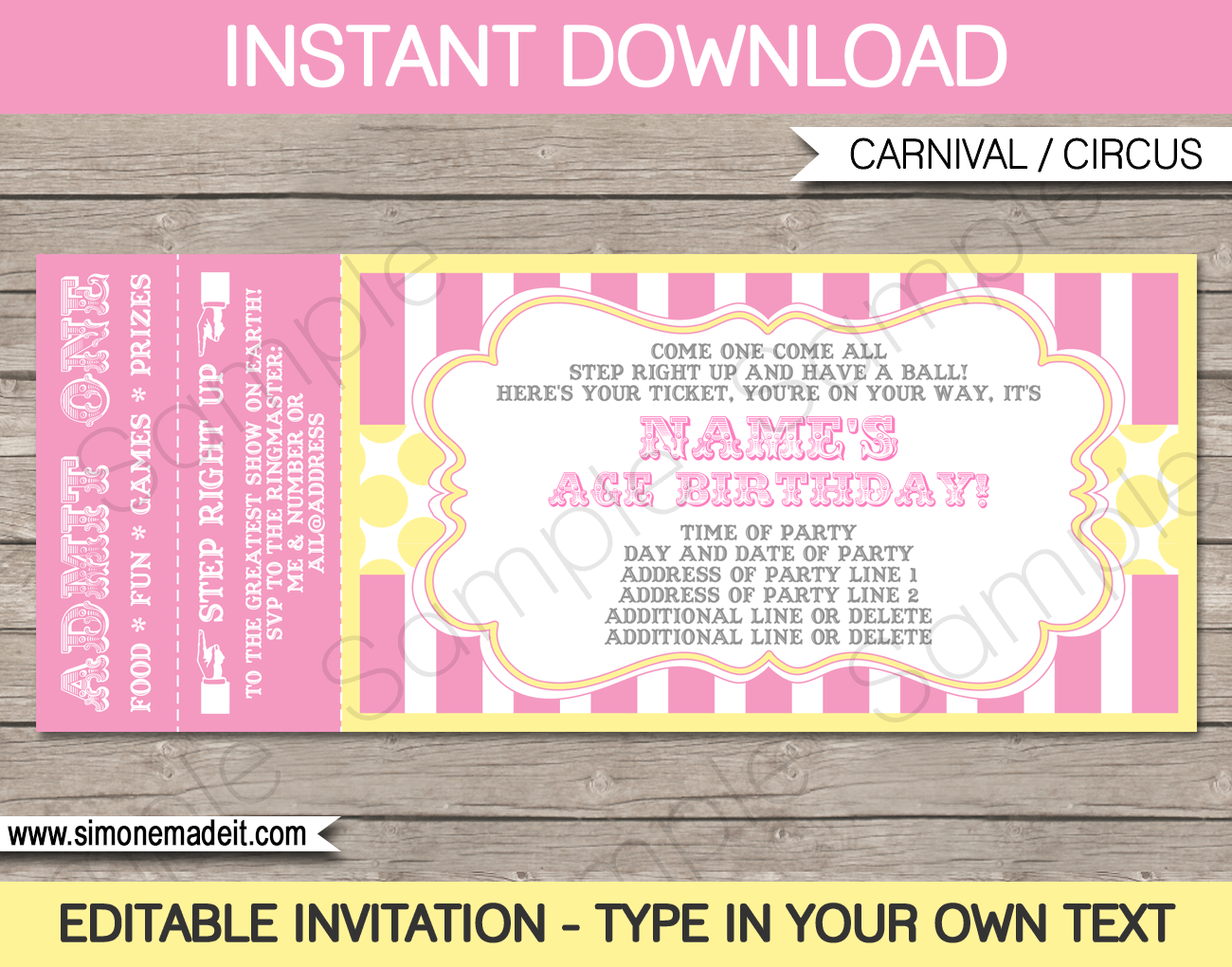 Carnival Ticket Invitation Template - Pink/Yellow intended for Free Printable Ticket Invitation Templates