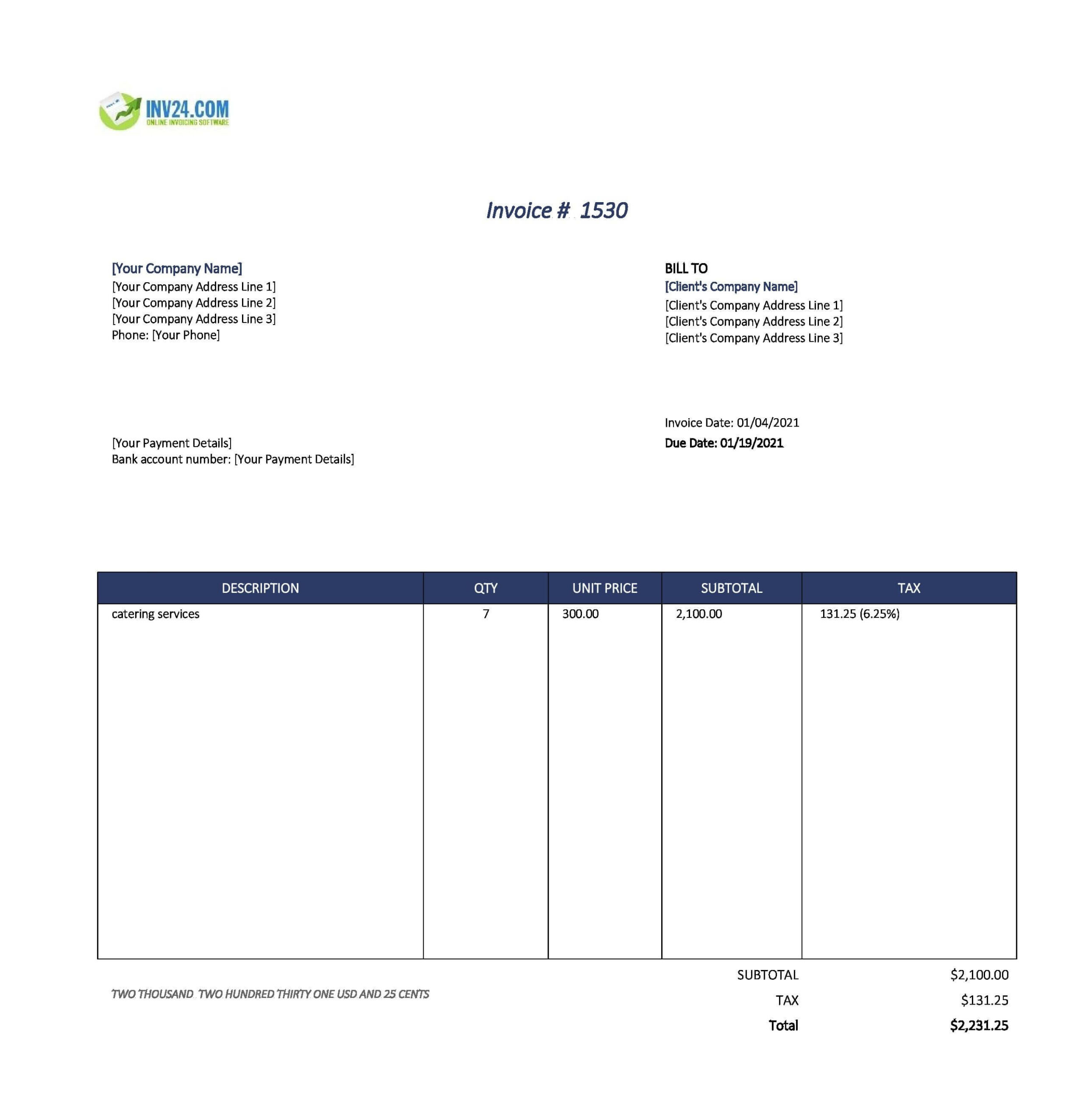 Catering Invoice Template (Excel) within Free Printable Catering Invoice Template