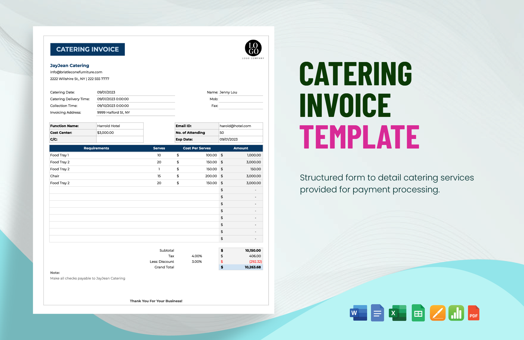 Catering Invoice Template In Google Docs, Apple Pages, Word, Pdf throughout Free Printable Catering Invoice Template