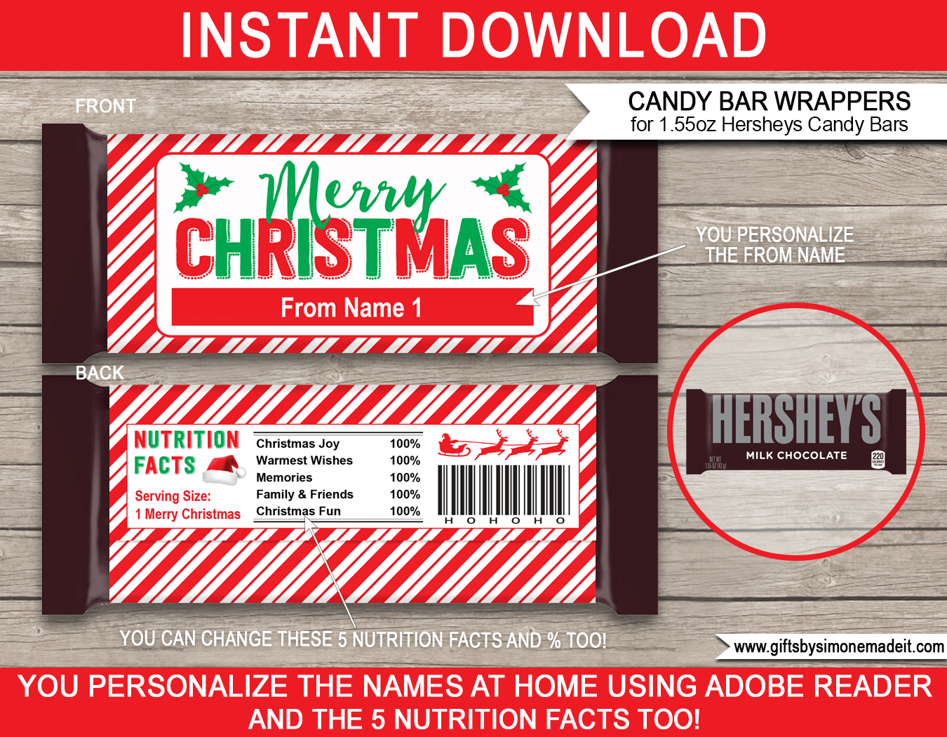 Christmas Candy Bar Wrappers (1.55Oz Hersheys) - Red &amp;amp; Green pertaining to Free Printable Christmas Candy Bar Wrappers