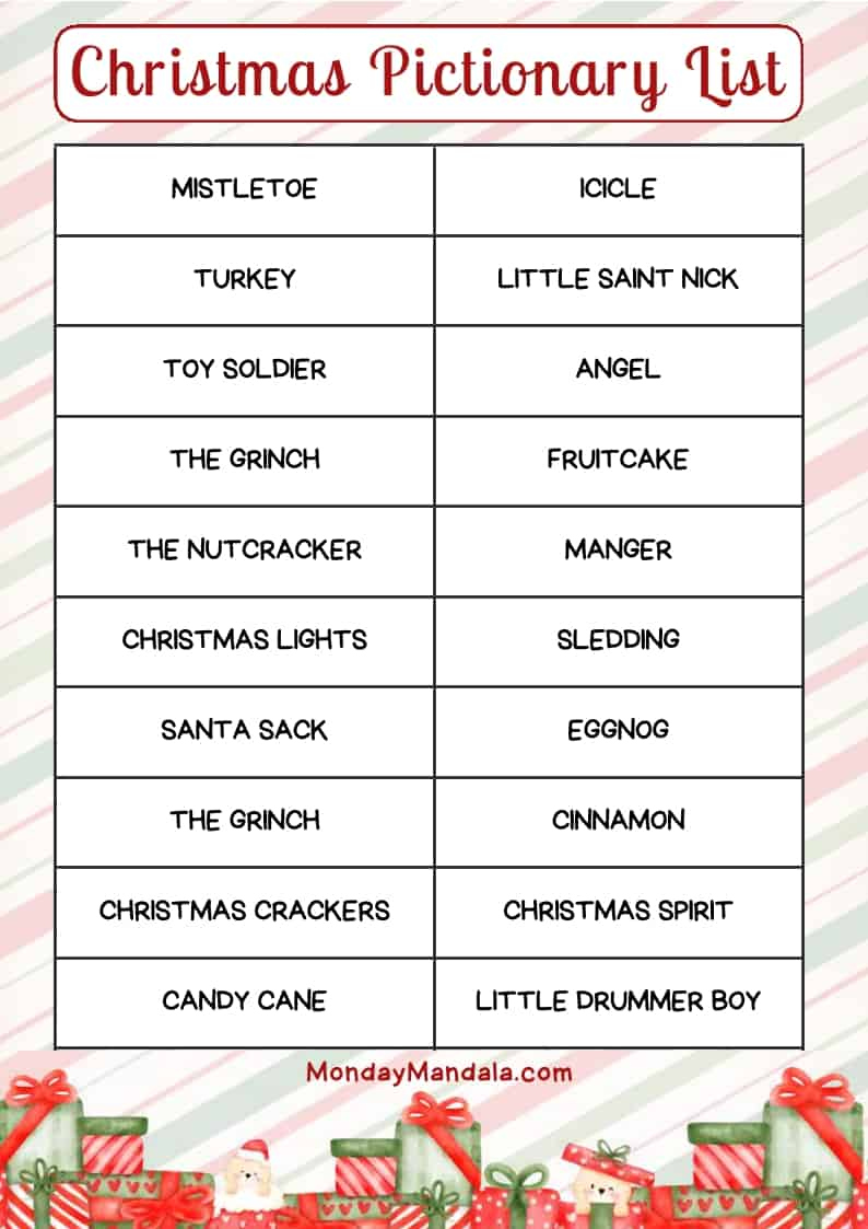 Christmas Pictionary Lists (Free Pdf Printables) pertaining to Free Printable Christmas Pictionary Cards