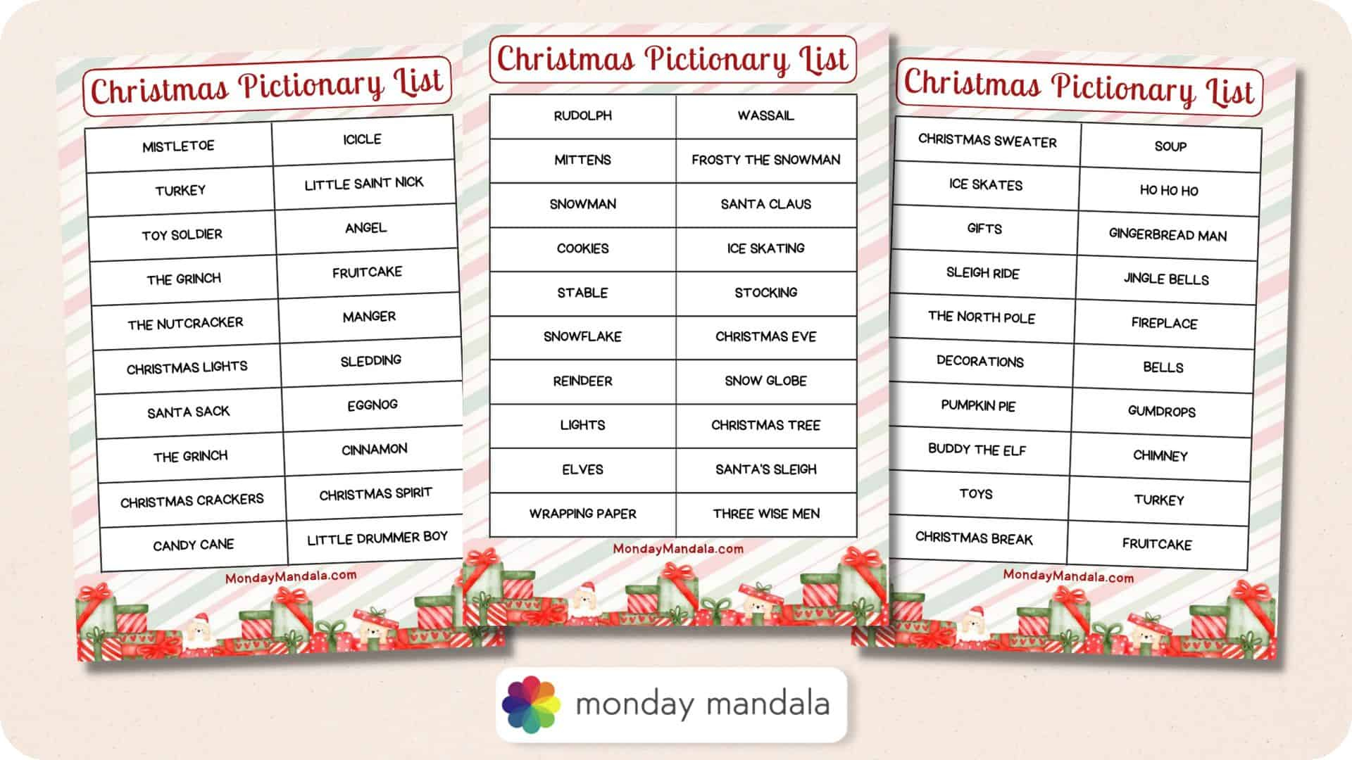 Christmas Pictionary Lists (Free Pdf Printables) pertaining to Free Printable Christmas Pictionary Cards