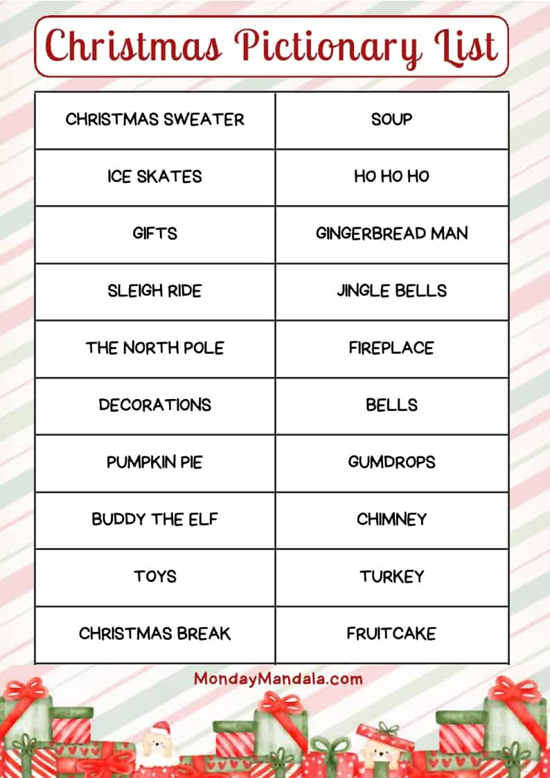 Christmas Pictionary Lists (Free Pdf Printables) pertaining to Free Printable Christmas Pictionary Words