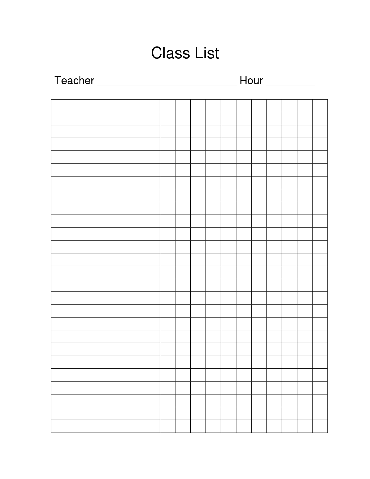 Class List Template - Free Printable Class List Template throughout Free Printable Class List Template for Teachers