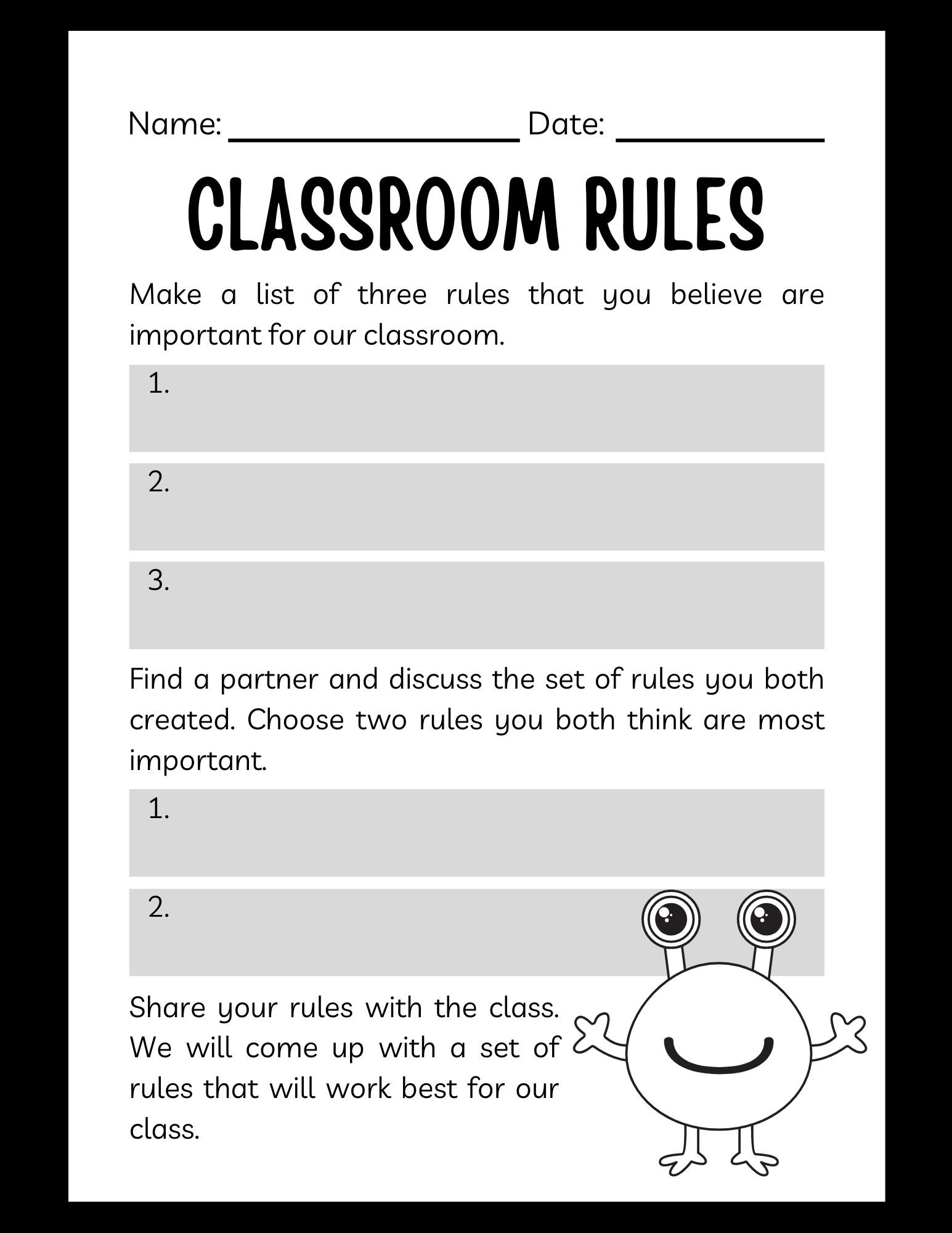 Classroom Rules Worksheet, School Worksheet, Class Handout, Cute in Free Printable Classroom Rules Worksheets