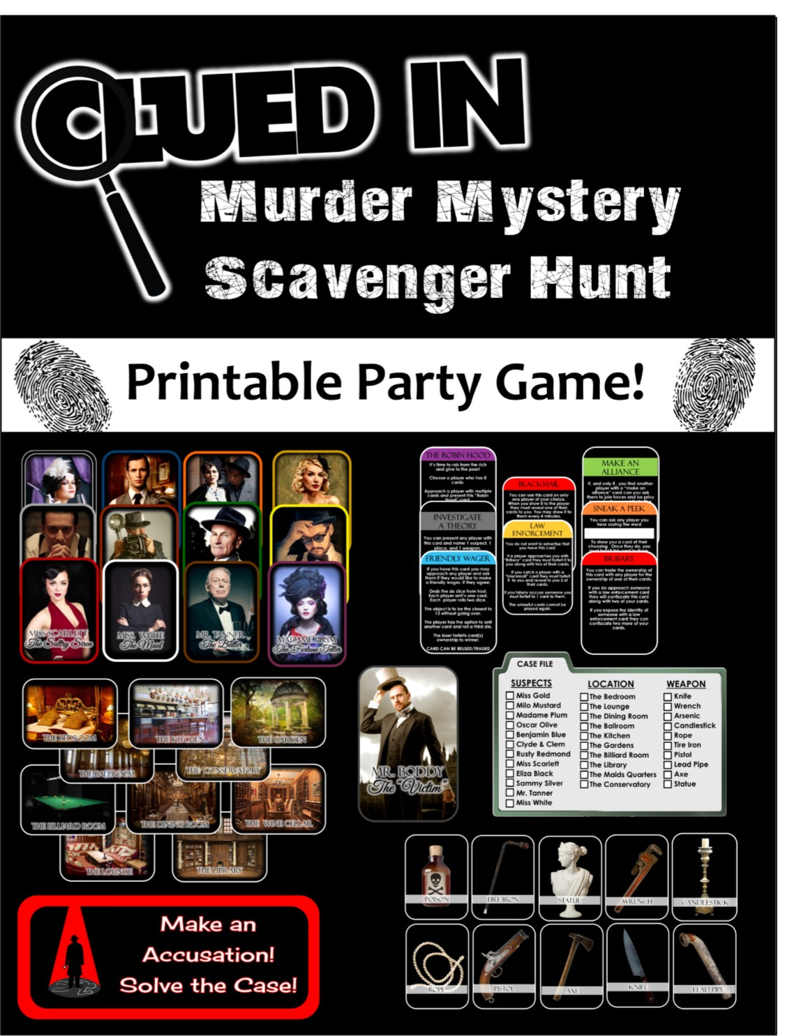 Clued-In Murder Mystery Scavenger Hunt - Printable Party Game regarding Free Printable Mystery Games