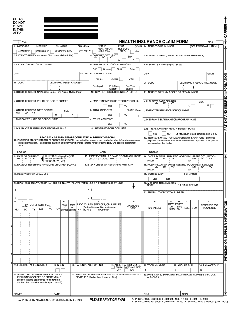 Cms 1500 Claim Forms - Www.psicoestudi in Free Printable CMS 1500 Form 02-12