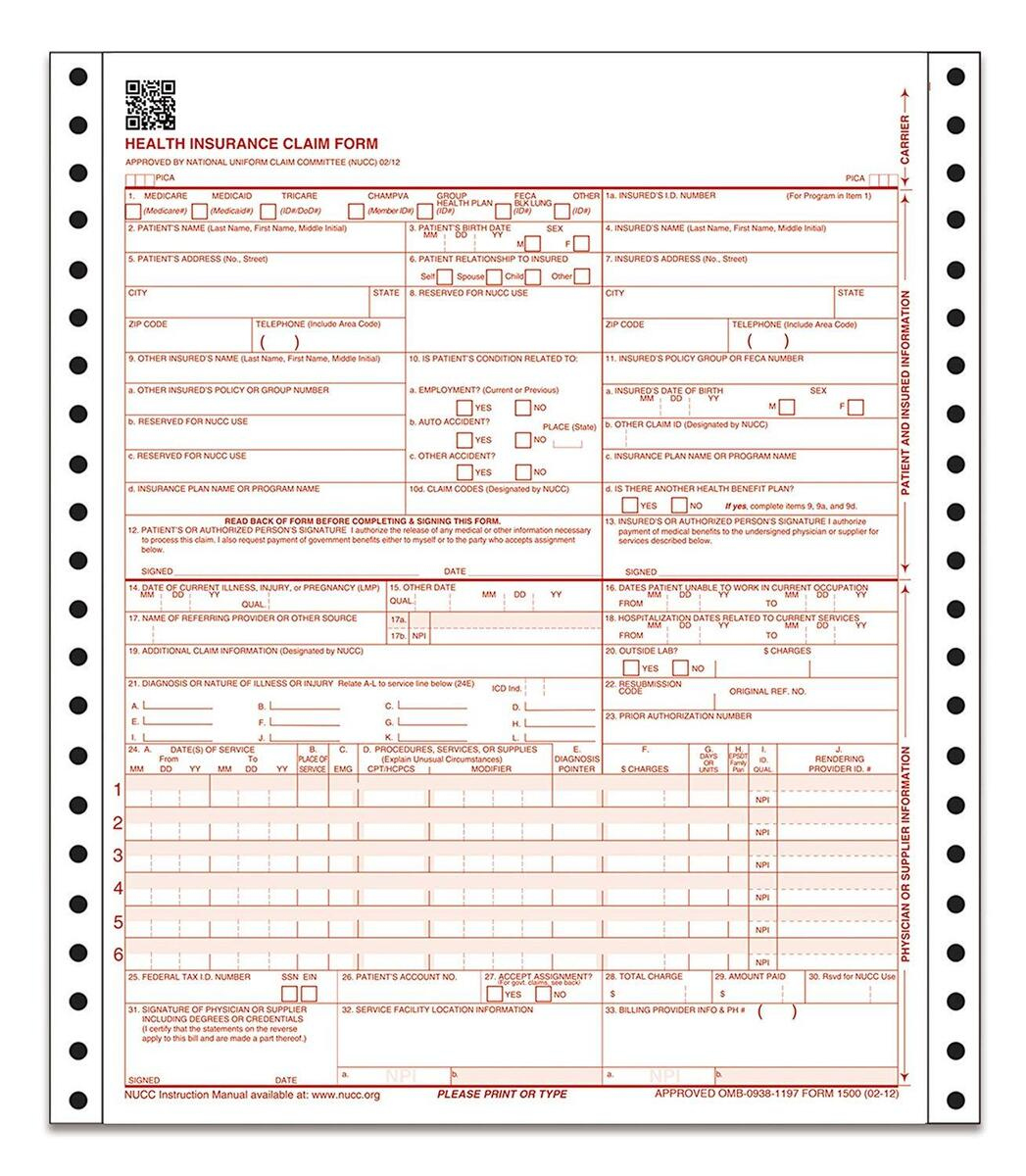 Cms-1500 Health Insurance Claim Forms, 2-Part, Continuous, 9.5 X throughout Free Printable Cms 1500 Form 02-12