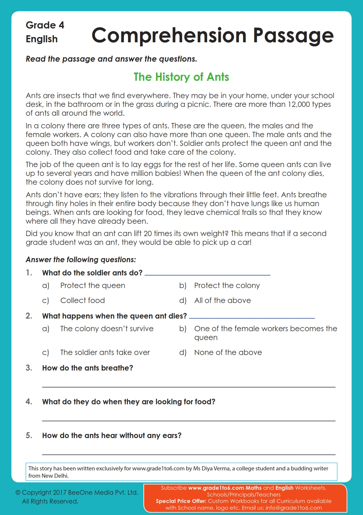 Comprehension Passage For Grade 4 | Grade1To6 for Free Printable English Comprehension Worksheets For Grade 4