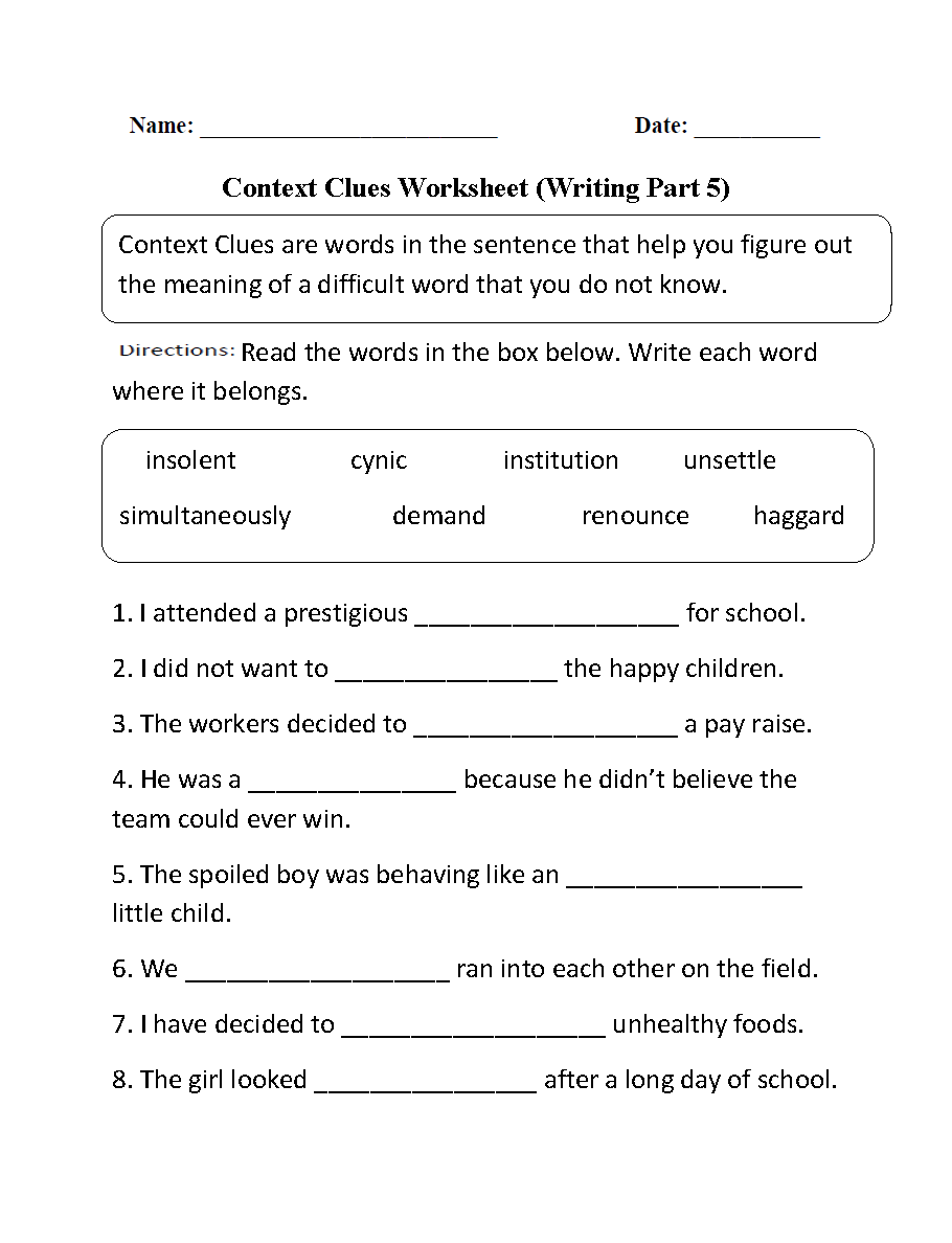 Context Clues Worksheets | Context Clues Worksheet Writing Part 5 regarding Free Printable 5Th Grade Context Clues Worksheets