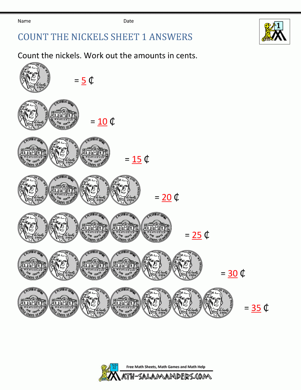 Counting Nickels Sheet 1 Answers | Money Worksheets, Free Math intended for Free Printable Money Worksheets for 1st Grade