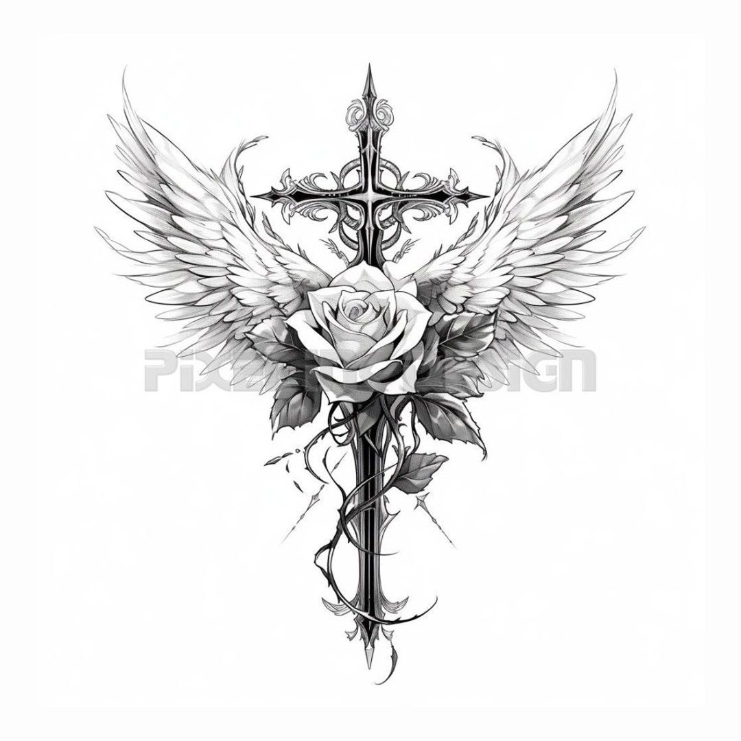 Cross With Wings And Rose Tattoo Design Download High Resolution intended for Free Printable Cross Tattoo Designs