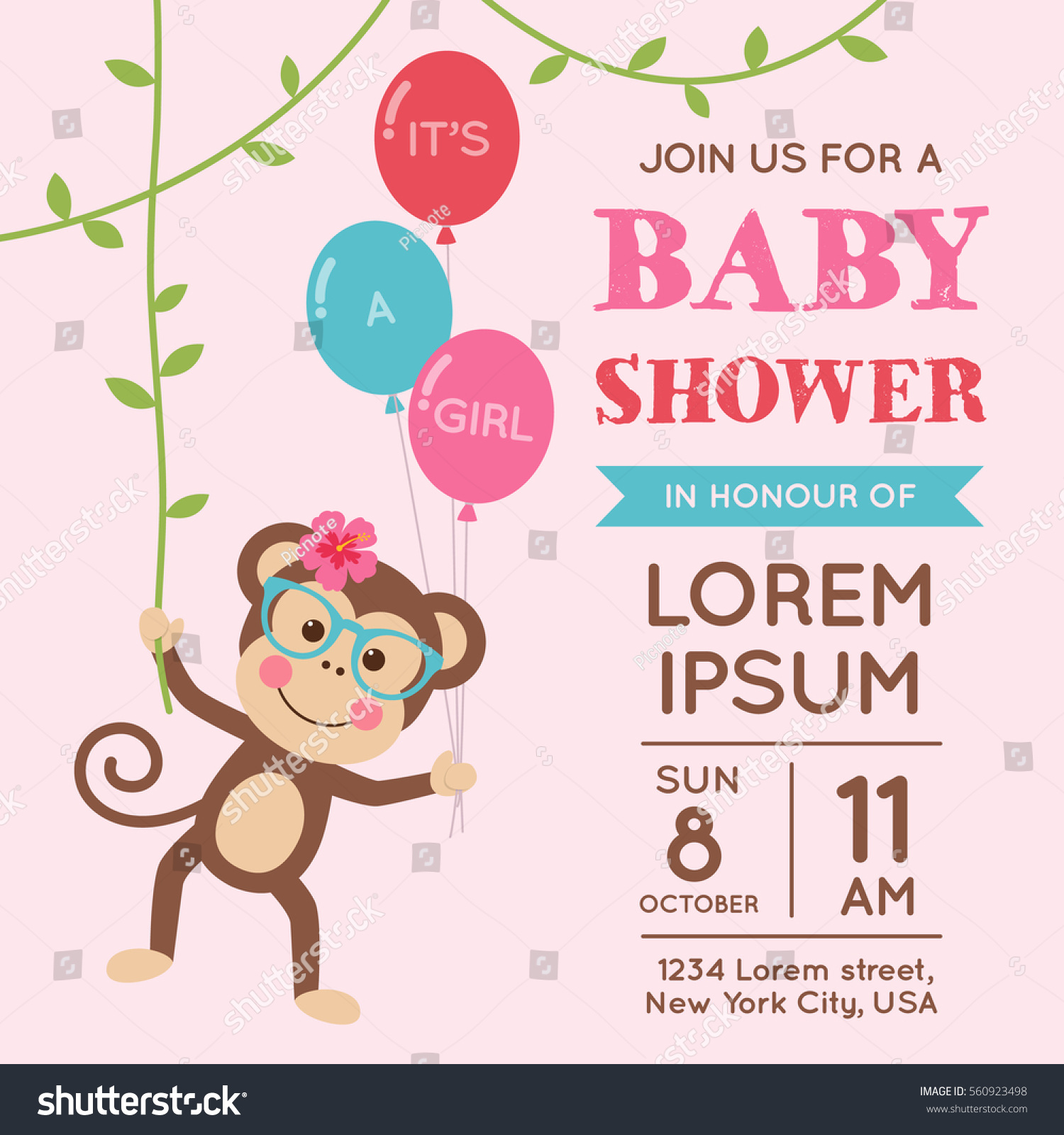 Cute Monkey Balloon Illustration Girl Baby Stock Vector (Royalty with Free Printable Monkey Girl Baby Shower Invitations