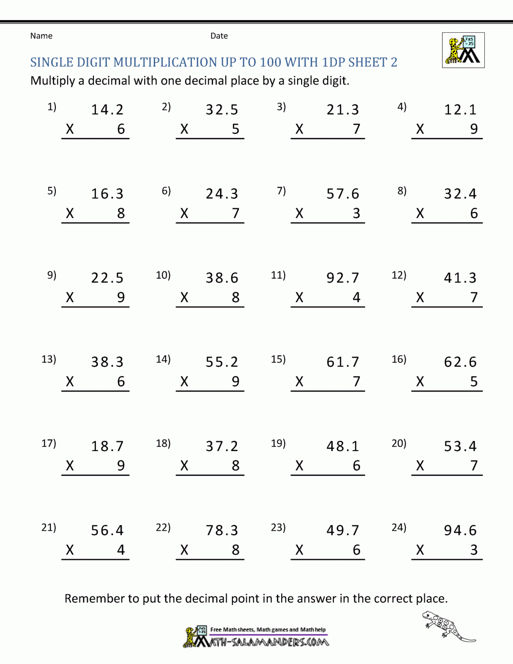 Decimal Multiplication Worksheets 5Th Grade inside Multiplying Decimals Free Printable Worksheets