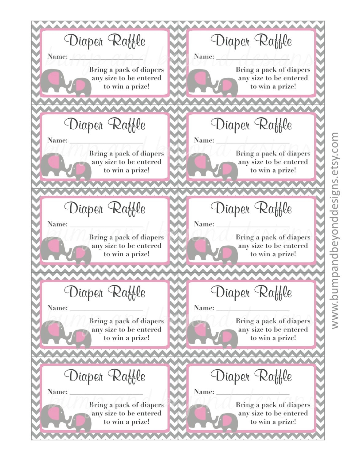 Diaper Raffle Tickets Baby Shower Gum Pink Grey Chevron Elephant intended for Free Printable Diaper Raffle Tickets Elephant