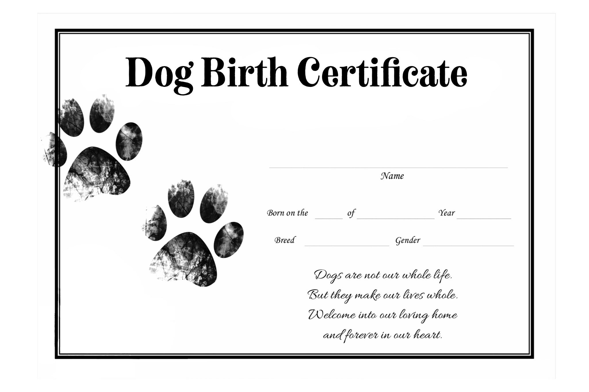 Dog Birth Certificate For Girl Or Boy Puppy Gender Neutral Printable Template Breeder Instant Download Resource pertaining to Free Printable Birth Certificates for Puppies