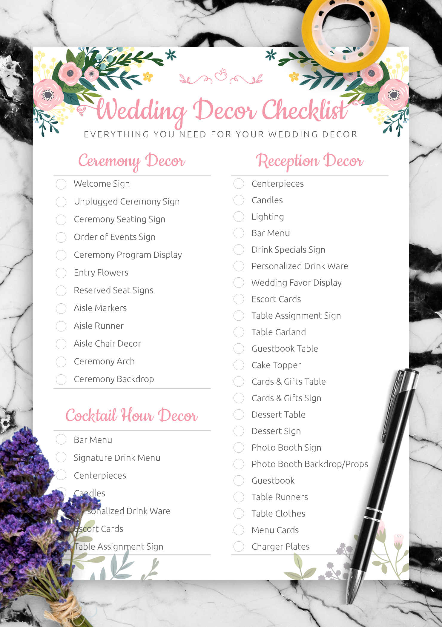 Download Printable Wedding Decor Checklist - Shabby Chic Style Pdf intended for Free Printable Wedding Decorations