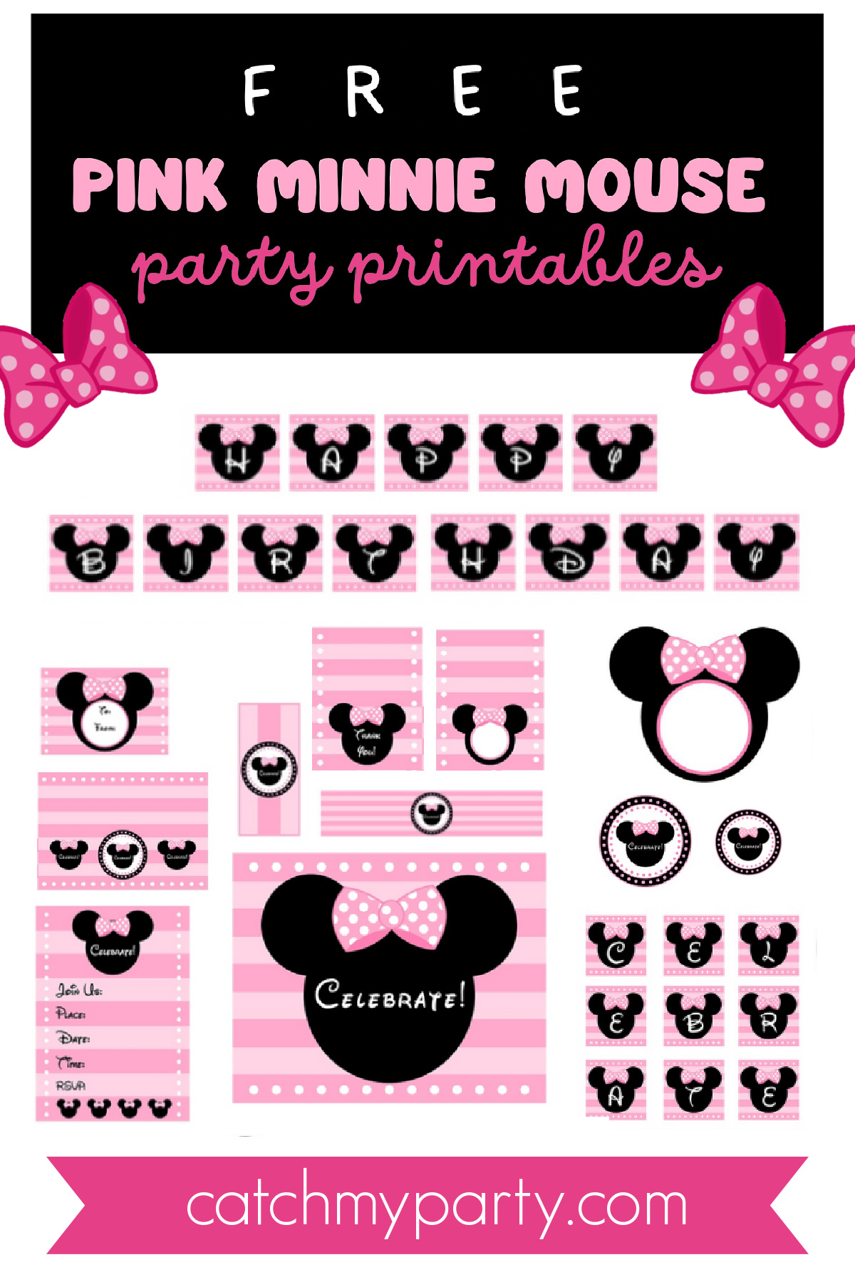 Download These Free Pink Minnie Mouse Party Printables! | Catch My inside Free Printable Minnie Mouse Birthday Banner