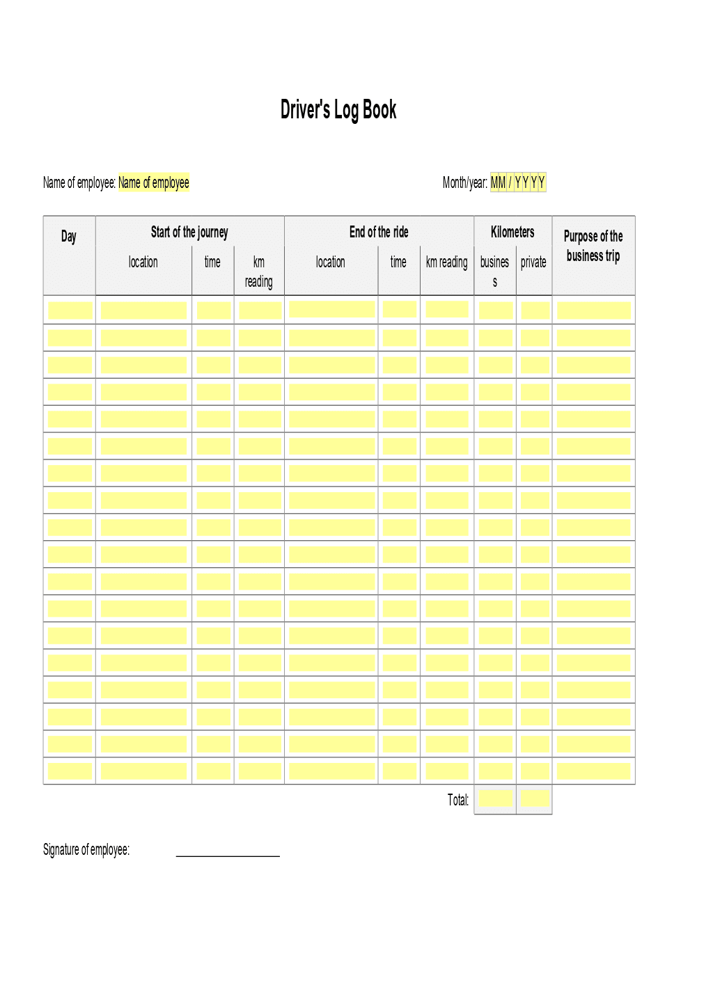 Driver Logbook Template with regard to Free Printable Driver Log Book