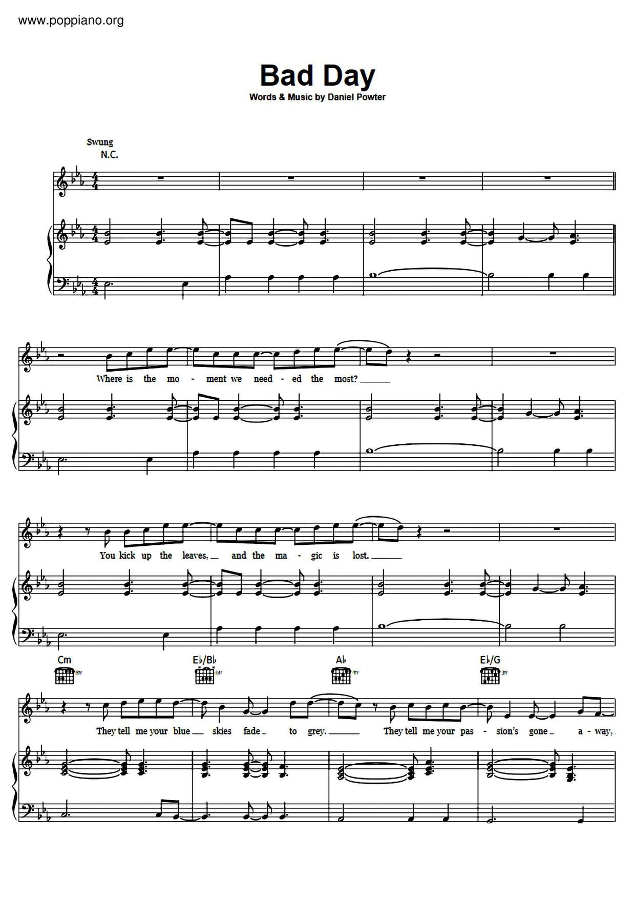 ☆ Daniel Powter-Bad Day Sheet Music Pdf, - Free Score Download ☆ for Bad Day Piano Sheet Music Free Printable