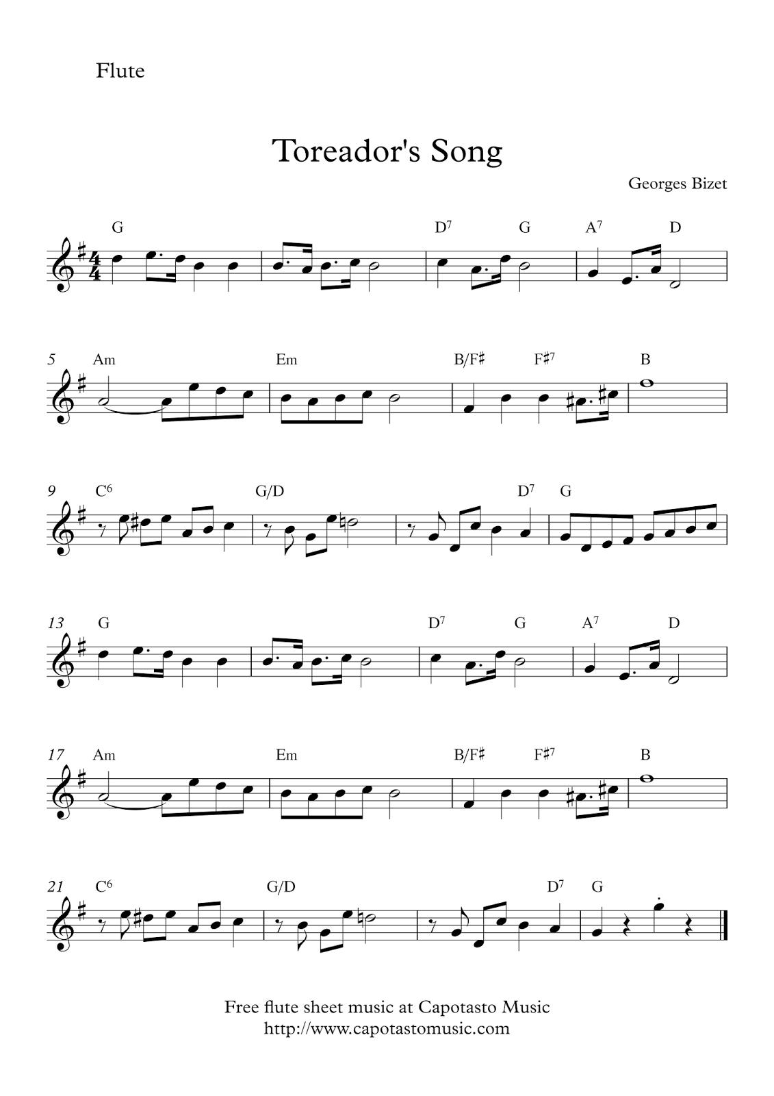 Easy Sheet Music For Beginners: Toreador´s Song | Free Flute Sheet regarding Free Printable Flute Sheet Music For Pop Songs