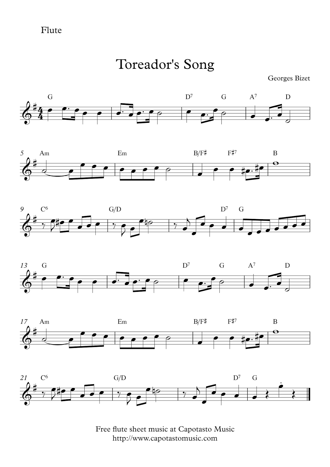 Easy Sheet Music For Beginners: Toreador´s Song | Free Flute Sheet regarding Free Printable Flute Sheet Music