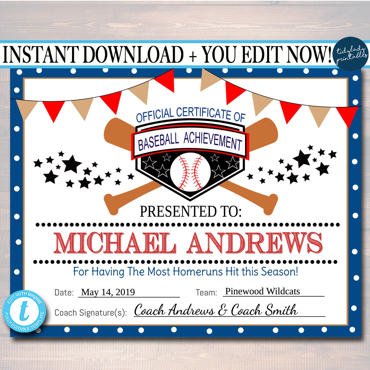 Editable Baseball Award Certificates, Instant Download, Team for Free Printable Baseball Certificates