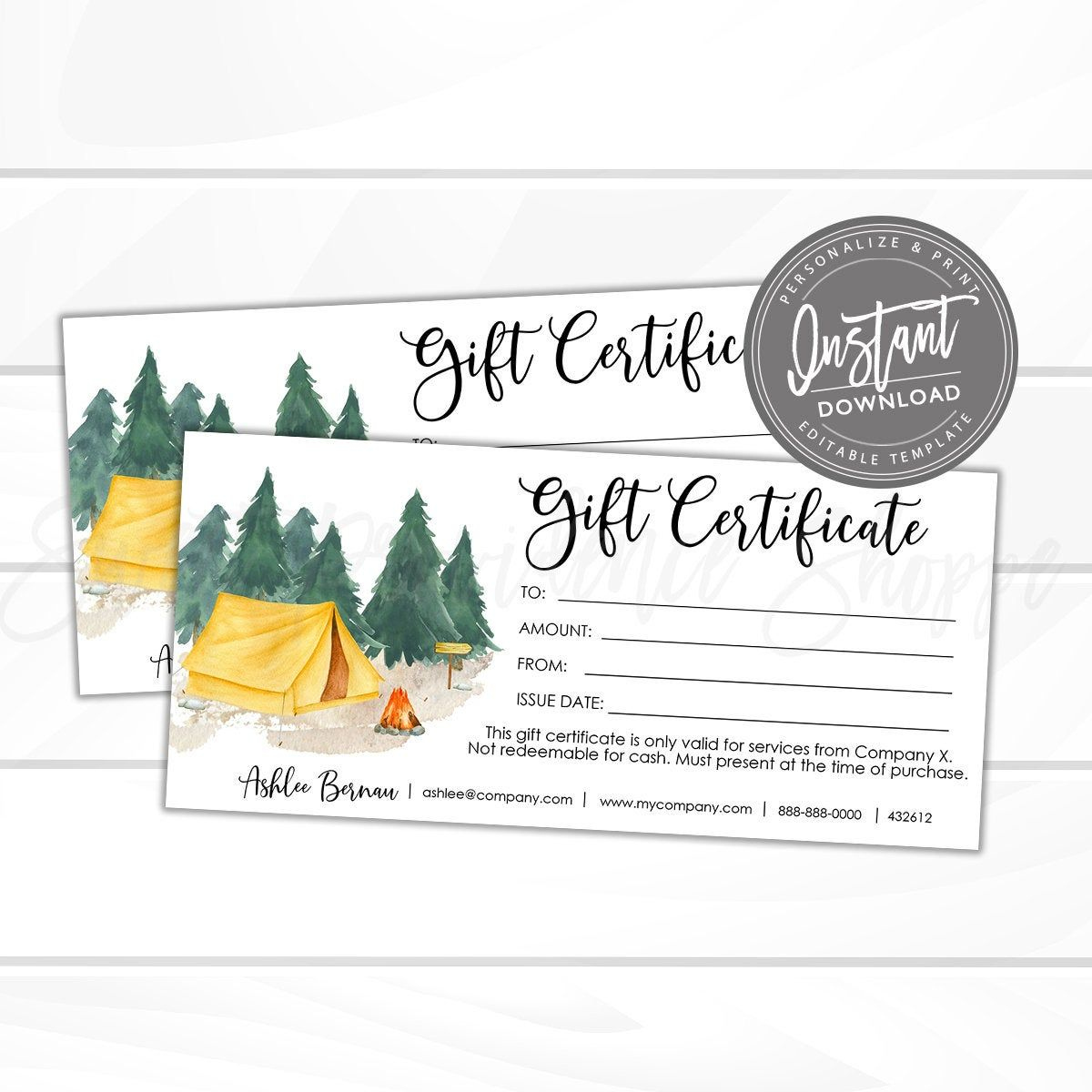 Editable Gift Certificate, Camping Outdoors Printable Gift Voucher regarding Free Printable Camp Certificates