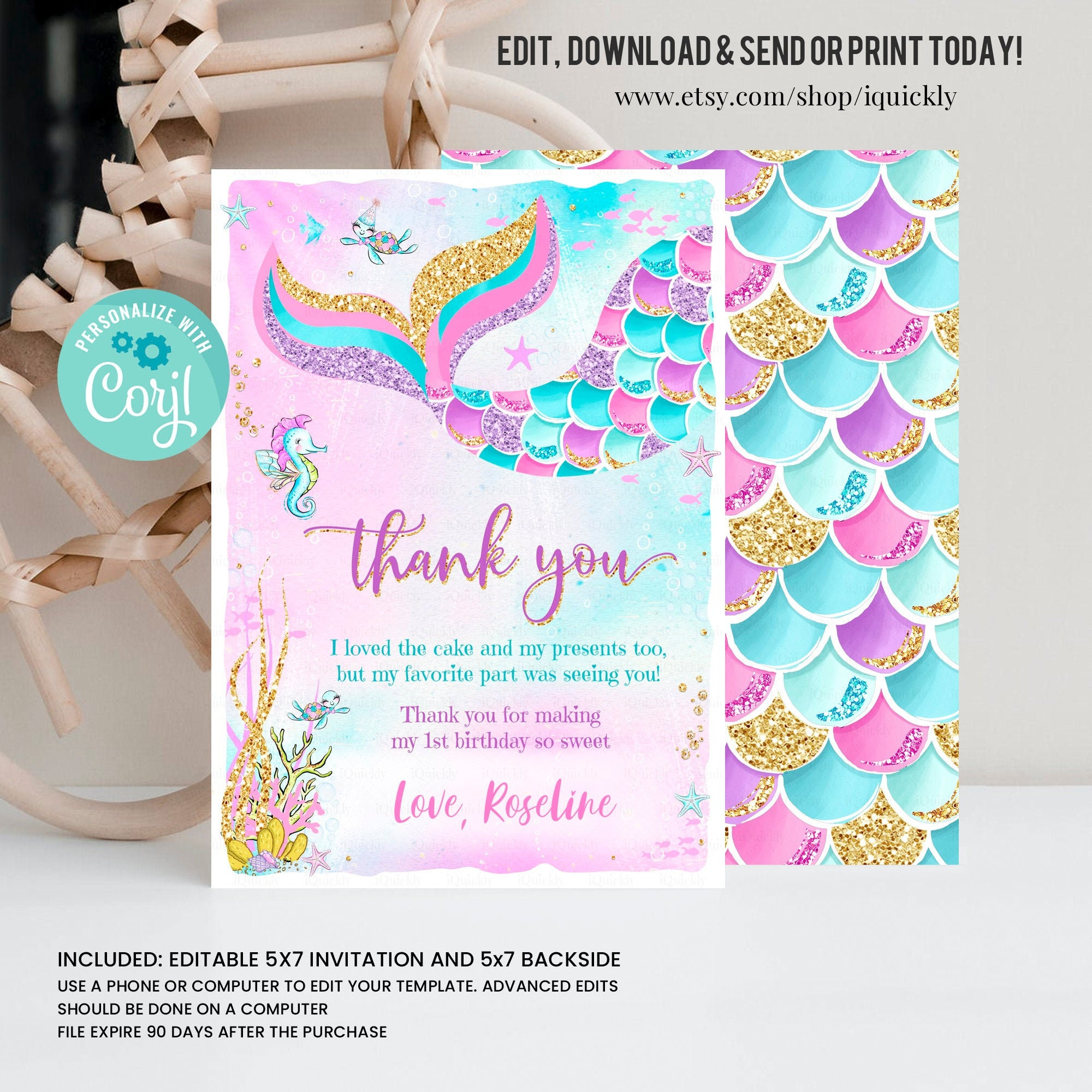 Editable Mermaid Birthday Thank You Card Mermaid Thank You Note with regard to Free Printable Mermaid Thank You Cards