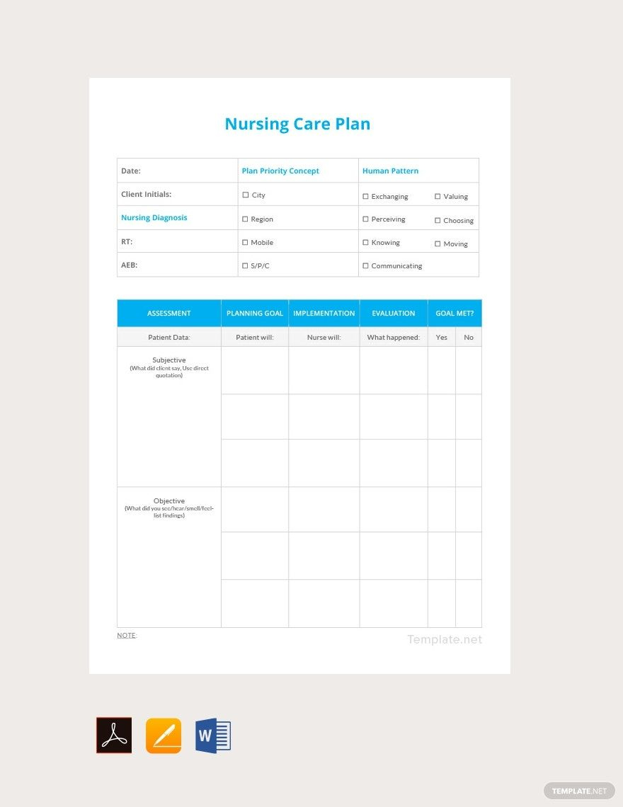 Editable Nursing Care Plan Example In Pages, Word, Pdf, Google within Free Printable Blank Nursing Care Plan