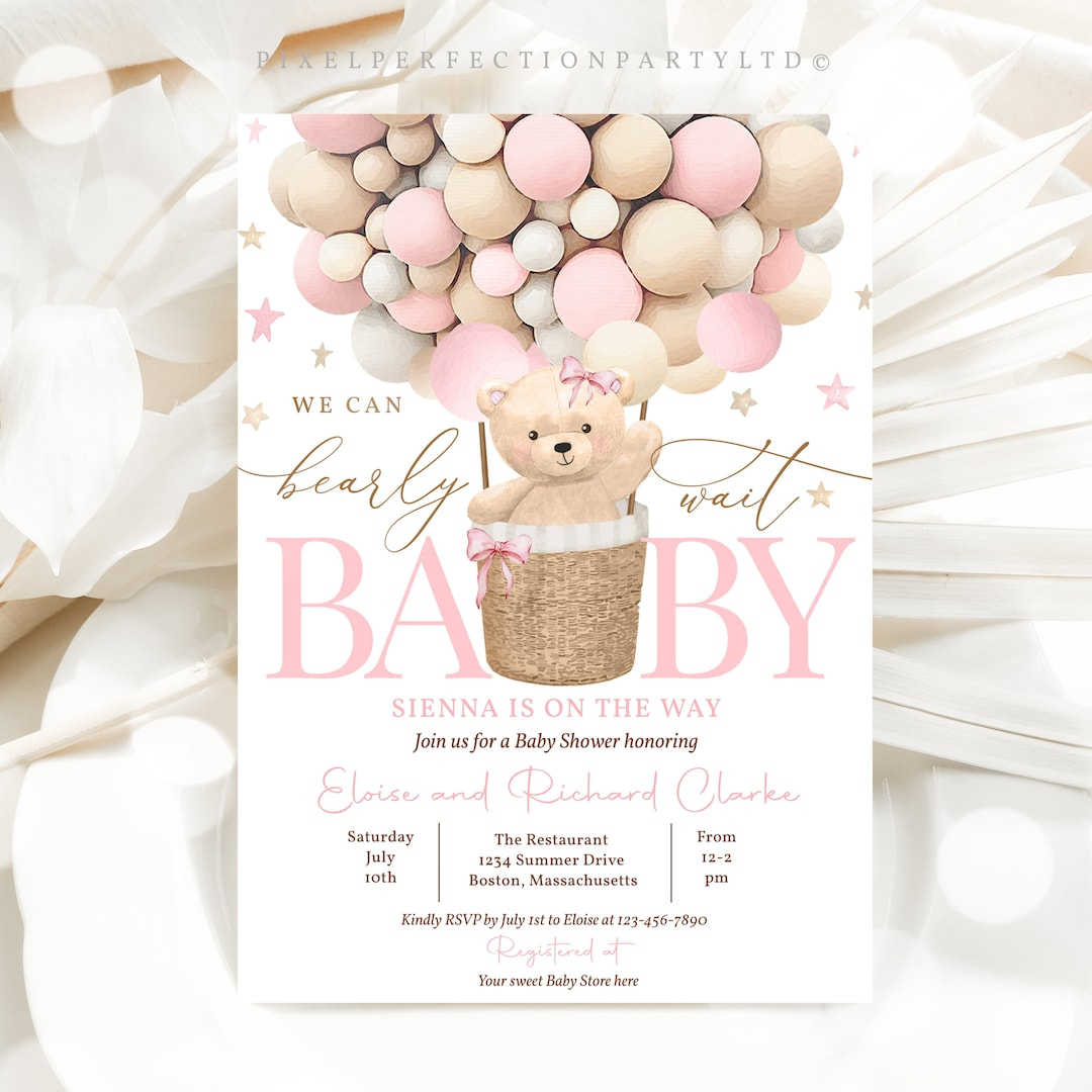 Editable Teddy Bear Hot Air Balloon Baby Shower Invitation Girl with Free Printable Pink Zebra Baby Shower Invitations