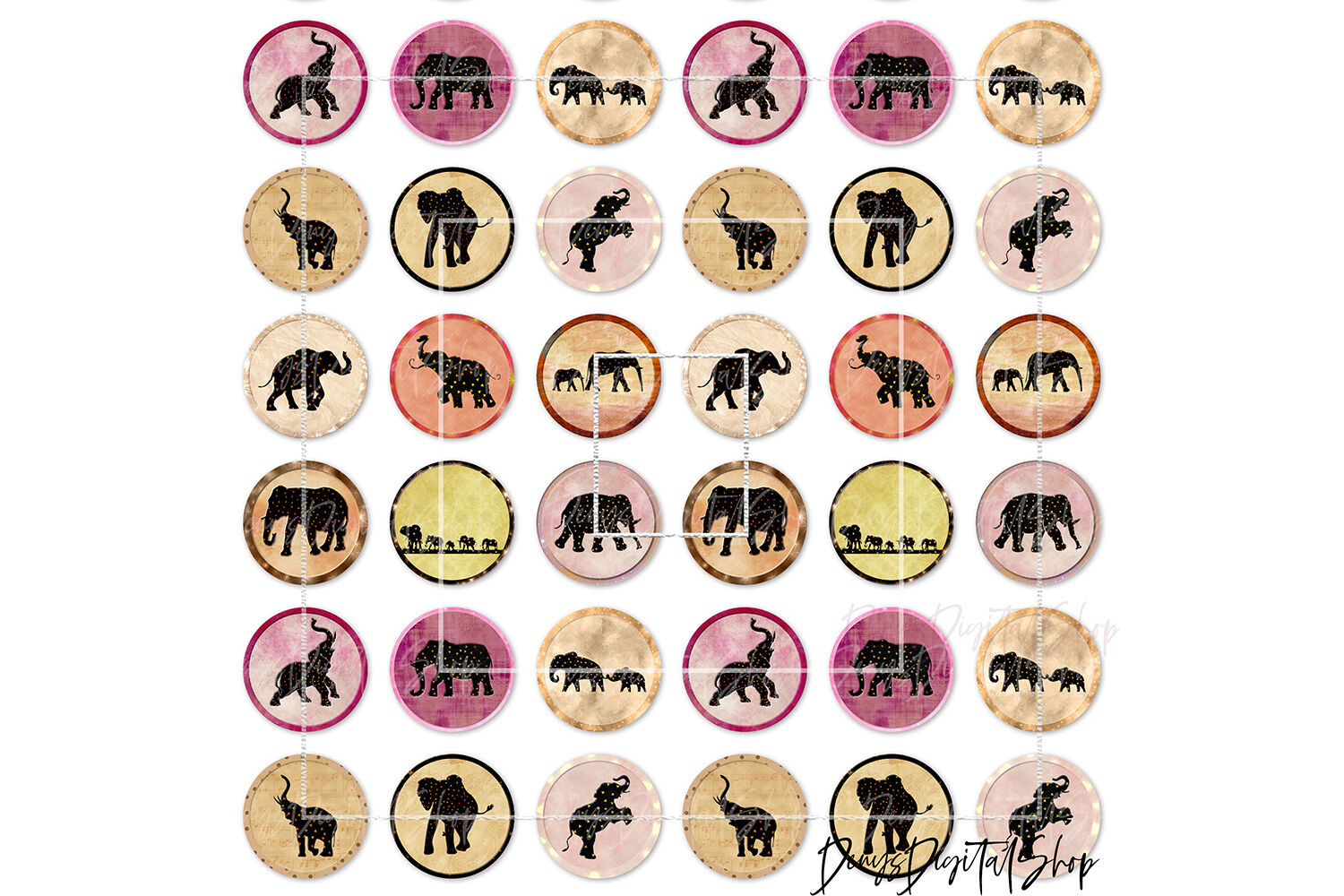 Elephants Digital Printable Sheet, Cabochon Images for Free Printable Cabochon Templates