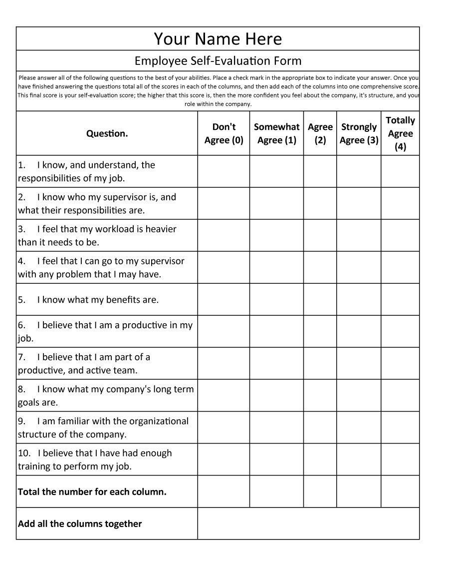 Employee Self Evaluation Form | Employee Performance Review with Free Employee Self Evaluation Forms Printable