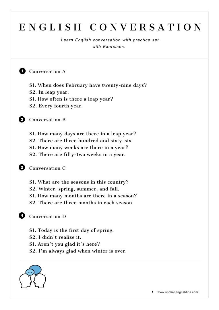 English Conversation Practice Exercise – Time And The Calendar with Free Printable English Conversation Worksheets