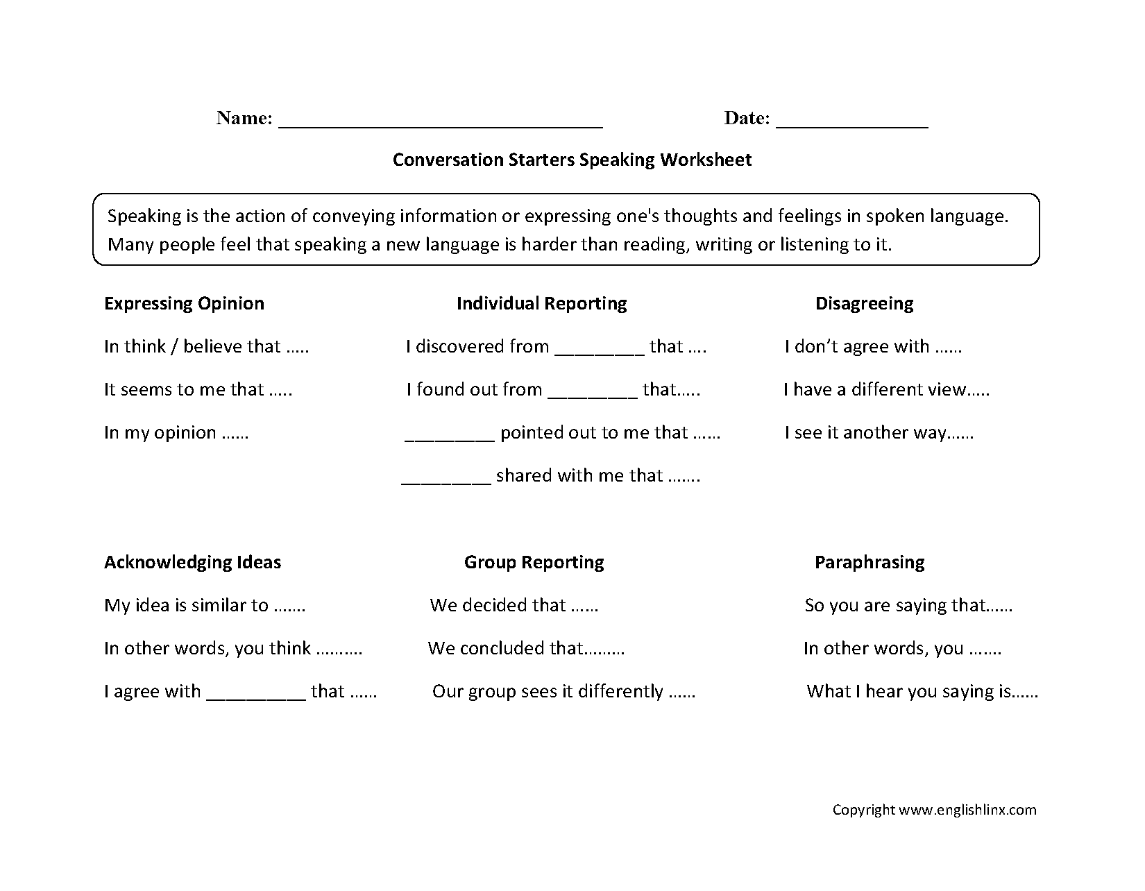 Englishlinx | Speaking Worksheets in Free Printable English Conversation Worksheets