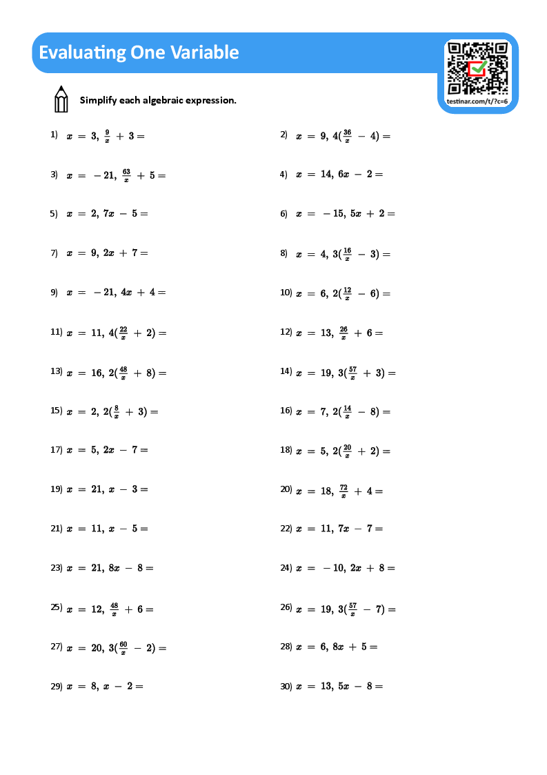 Evaluating One Variable Worksheets pertaining to Free Printable Asvab Math Practice Test