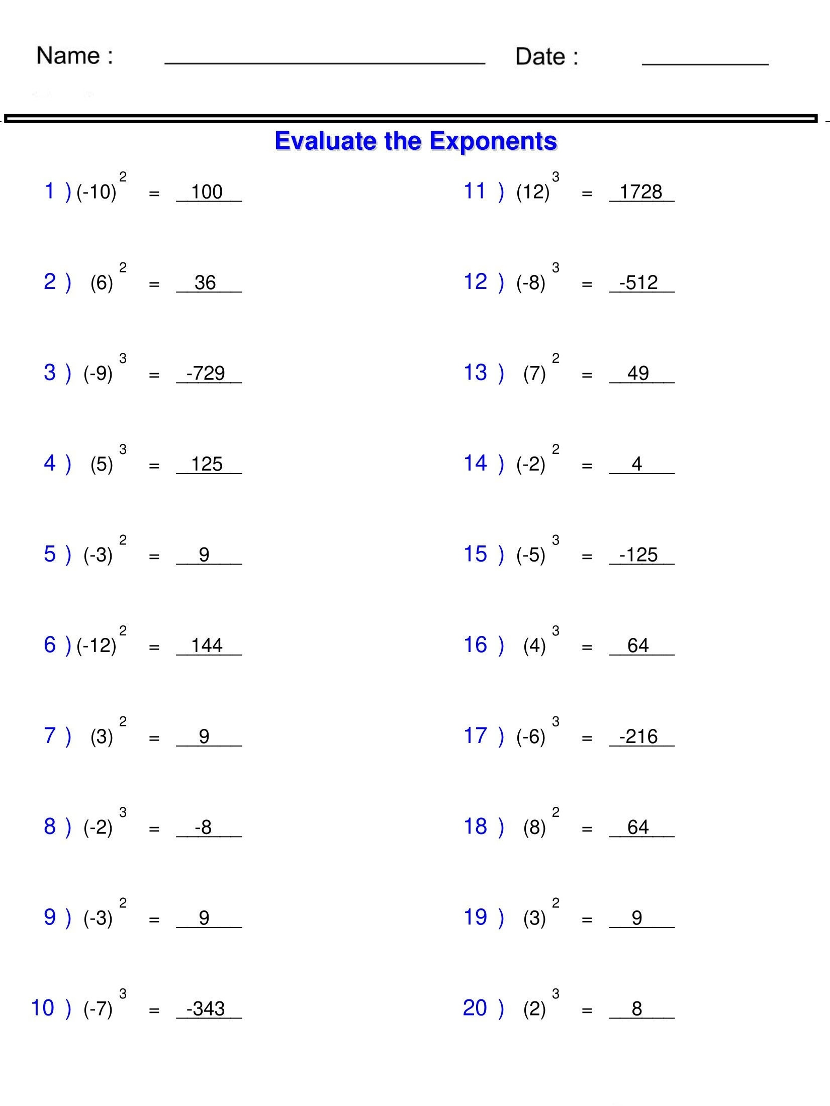 Exponents With Division Algebra Exponents Worksheets | Negative within Free Printable Exponent Worksheets