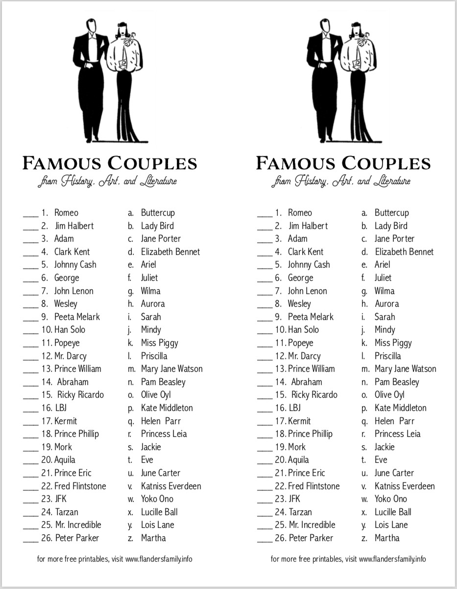 Famous Couples Matching Game | Free Printable within Free Printable Compatibility Test For Couples