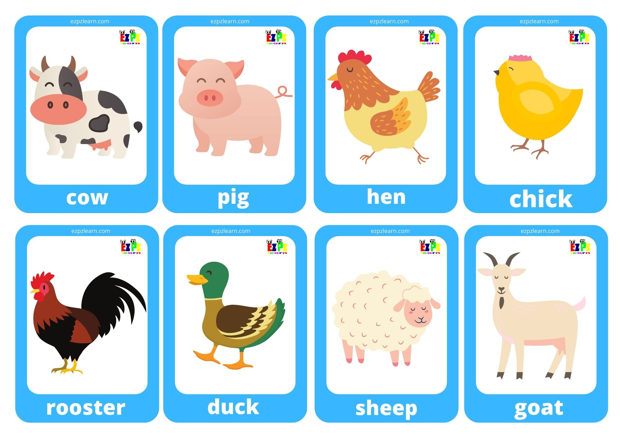 Farm Animals Game Cards / Mini Flashcards - Ezpzlearn within Free Printable Farm Animal Flash Cards