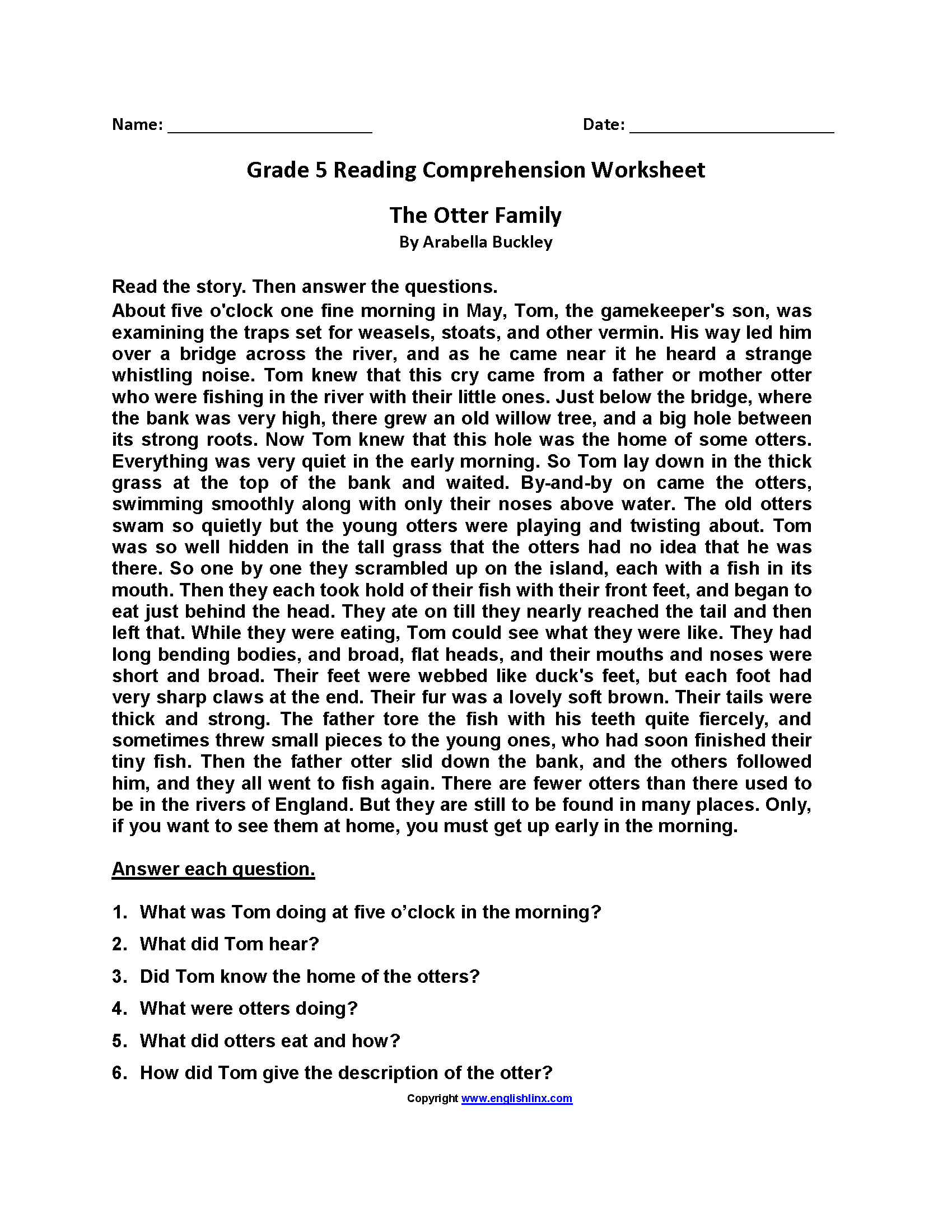 Fifth Grade Reading Worksheets inside Free Printable Worksheets Reading Comprehension 5Th Grade