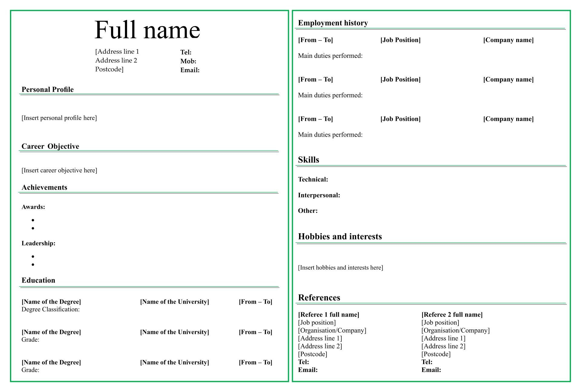 Fill In Blank Resume Form pertaining to Free Printable Fill in the Blank Resume Templates