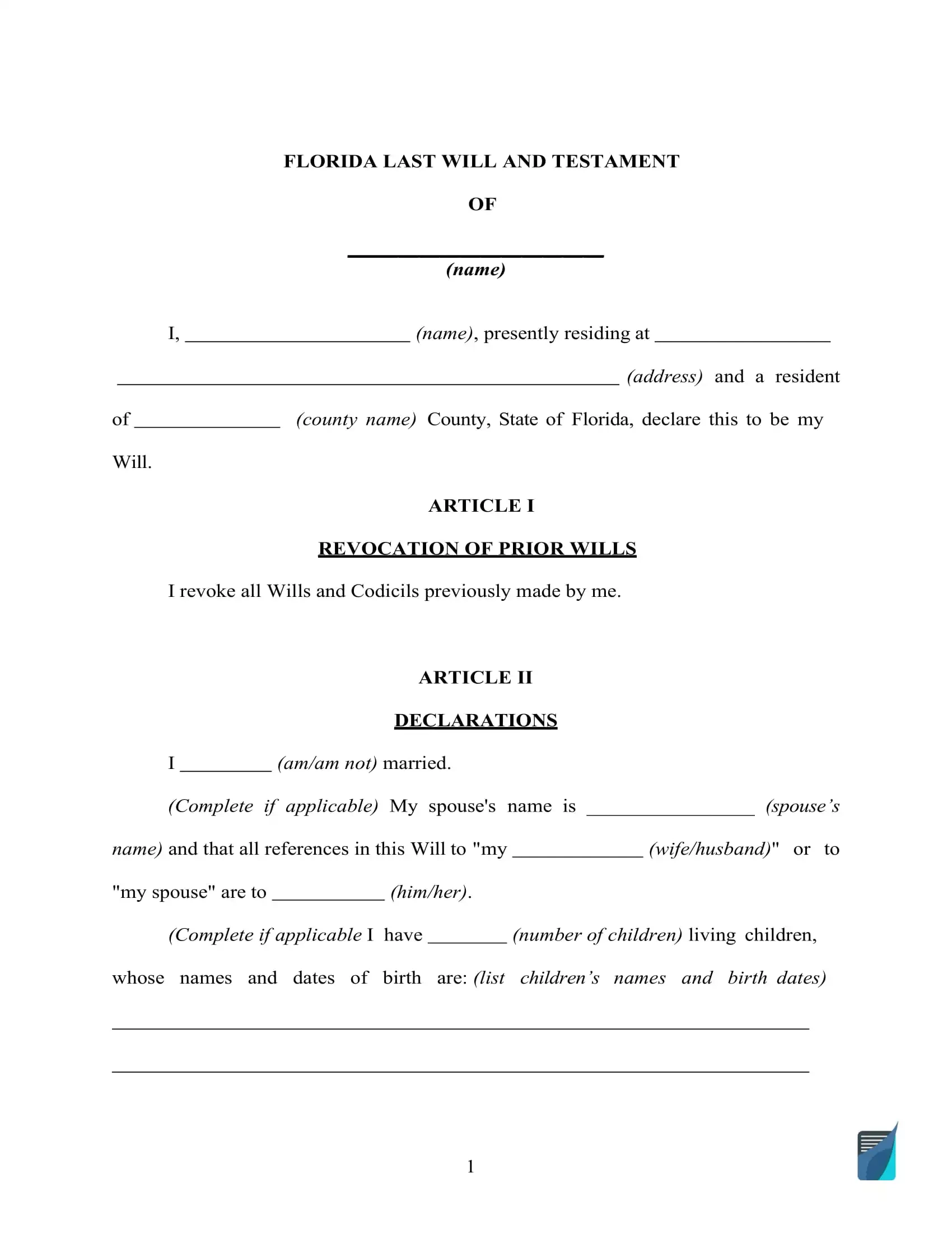 Fillable Florida Last Will And Testament Form [Free] | Formspal with Free Printable Last Will and Testament Blank Forms Florida