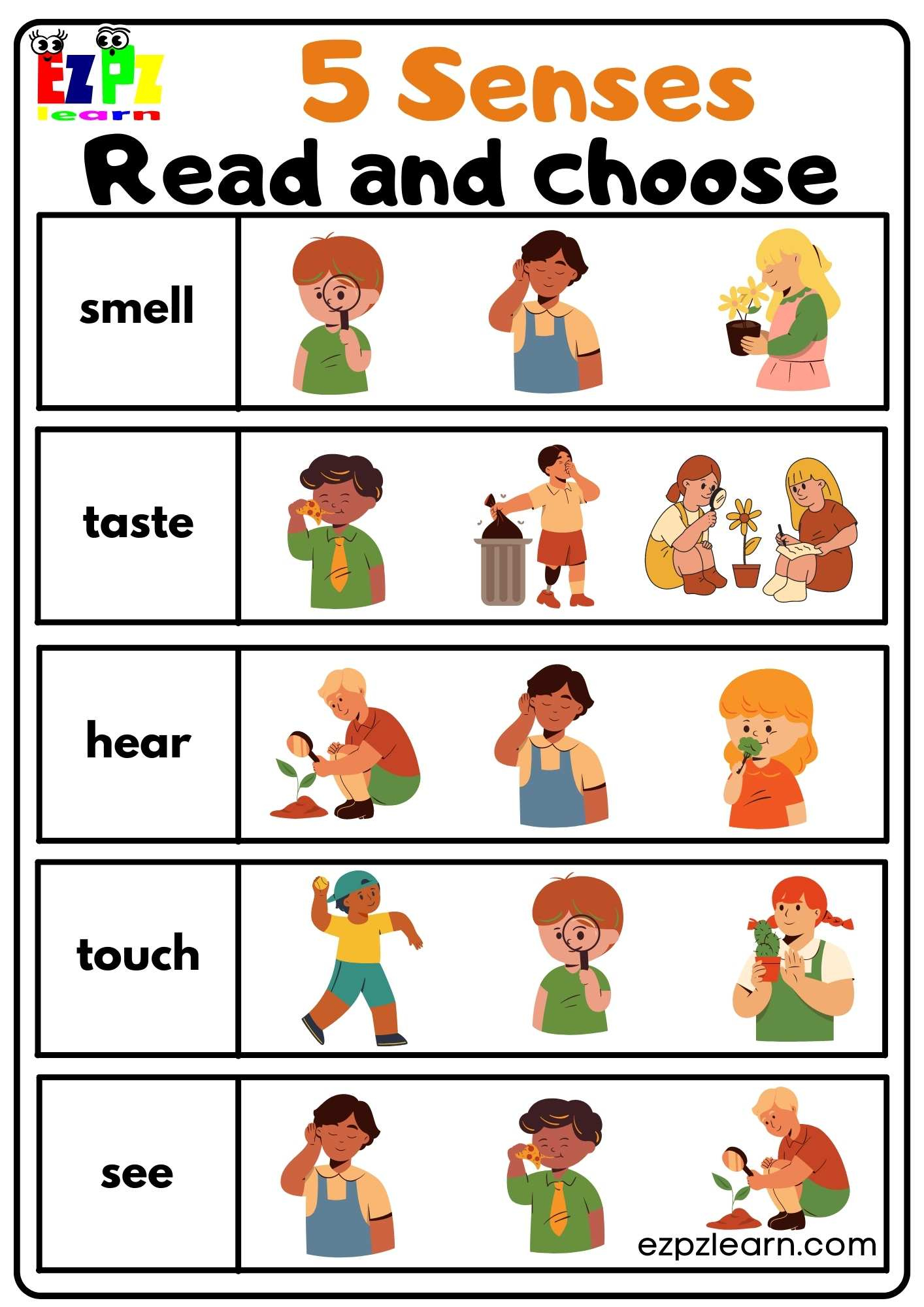 Five Senses Read And Choose Worksheet For Kindergarten And Esl for Free Printable Worksheets Kindergarten Five Senses