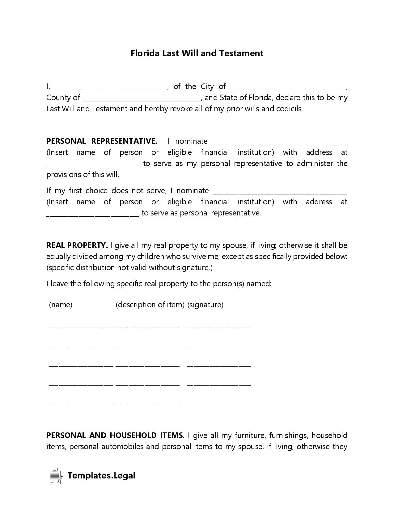 Florida Last Will And Testament Templates (Free) [Word, Pdf, Odt] in Free Printable Last Will And Testament Blank Forms Florida