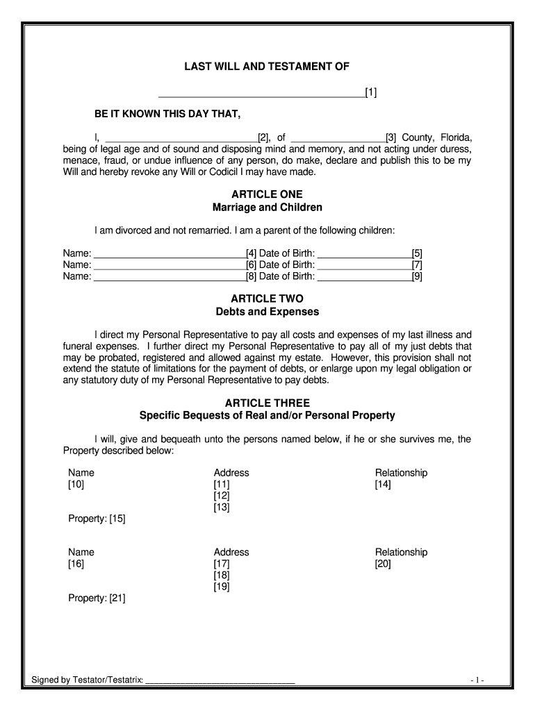 Florida Will Template - Fill Online, Printable, Fillable, Blank intended for Free Printable Florida Last Will and Testament Form