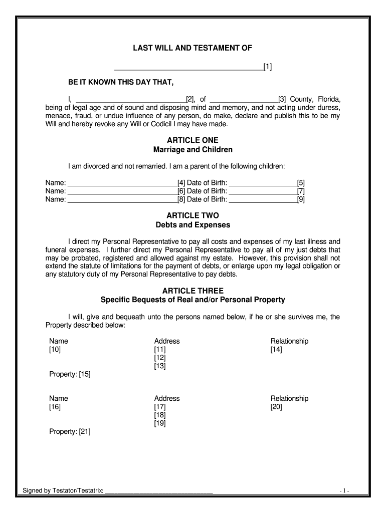 Florida Will Template - Fill Online, Printable, Fillable, Blank intended for Free Printable Last Will And Testament Blank Forms Florida