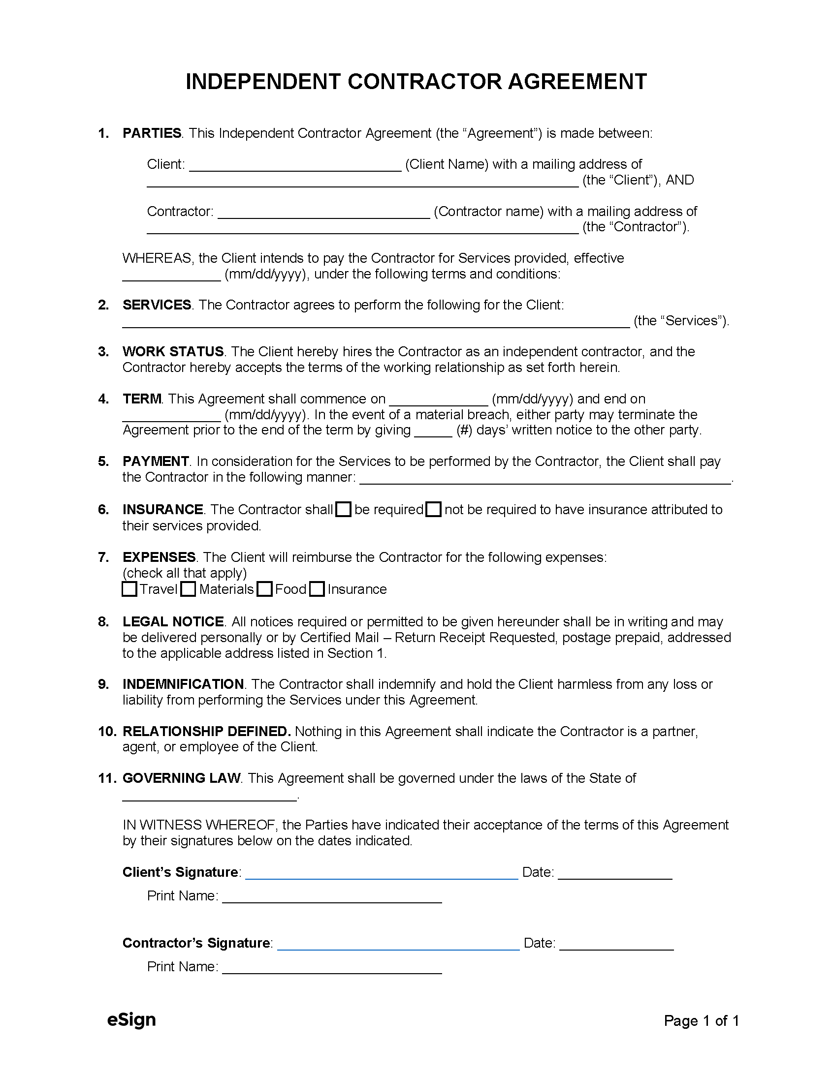 Free 1-Page (Simple) Independent Contractor Agreement Template inside Free Printable Independent Contractor Agreement