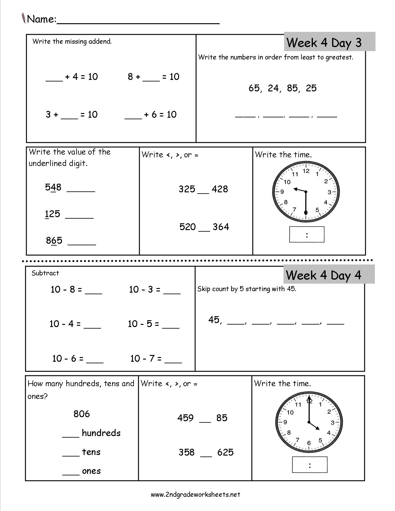 Free 2Nd Grade Daily Math Worksheets pertaining to Free Printable Second Grade Math