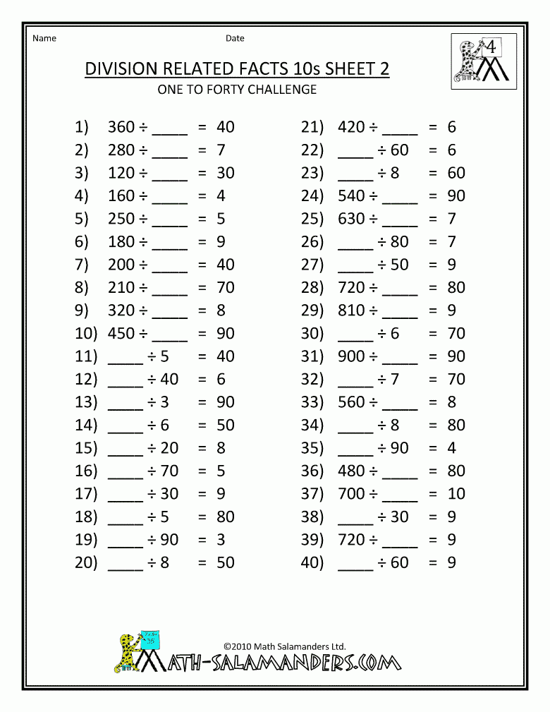 Free-4Th-Grade-Math-Worksheets-Division-Tables-Related-Facts-10S-2 within Free Printable Worksheets For 4Th Grade